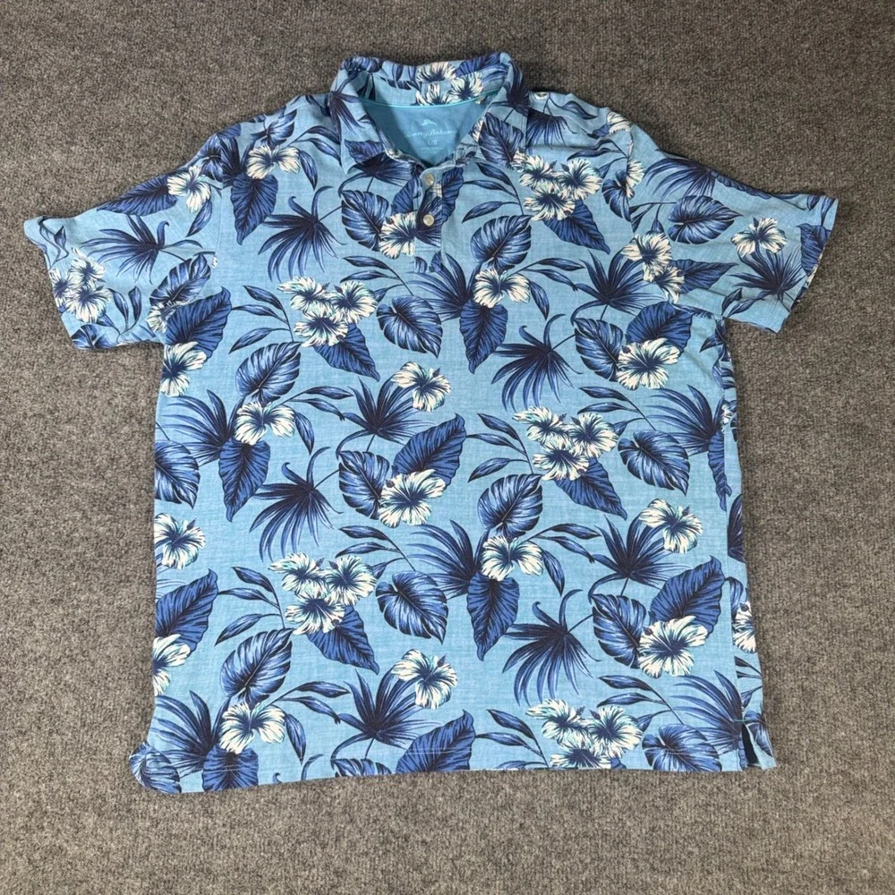 Tommy Bahama Polo Shirt Mens Large L Blue Tropical Hibiscus Floral Stretch Polo